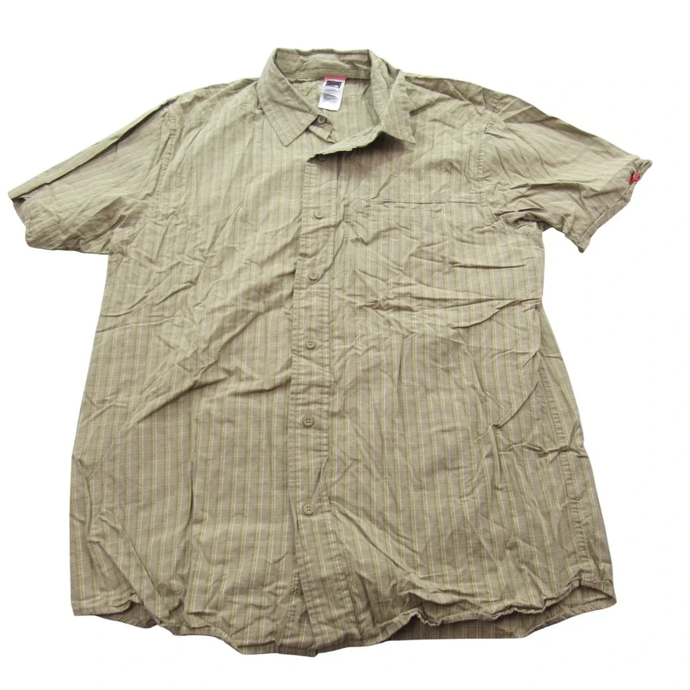 The North Face Mens Large Short Sleeve Plaid Button Down Shirt Olive Green Tan